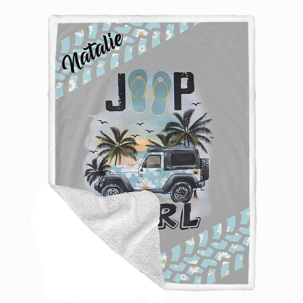 Personalized Jeep Beach Girl Daisy Tire Tracks Sherpa Blanket Supler Store