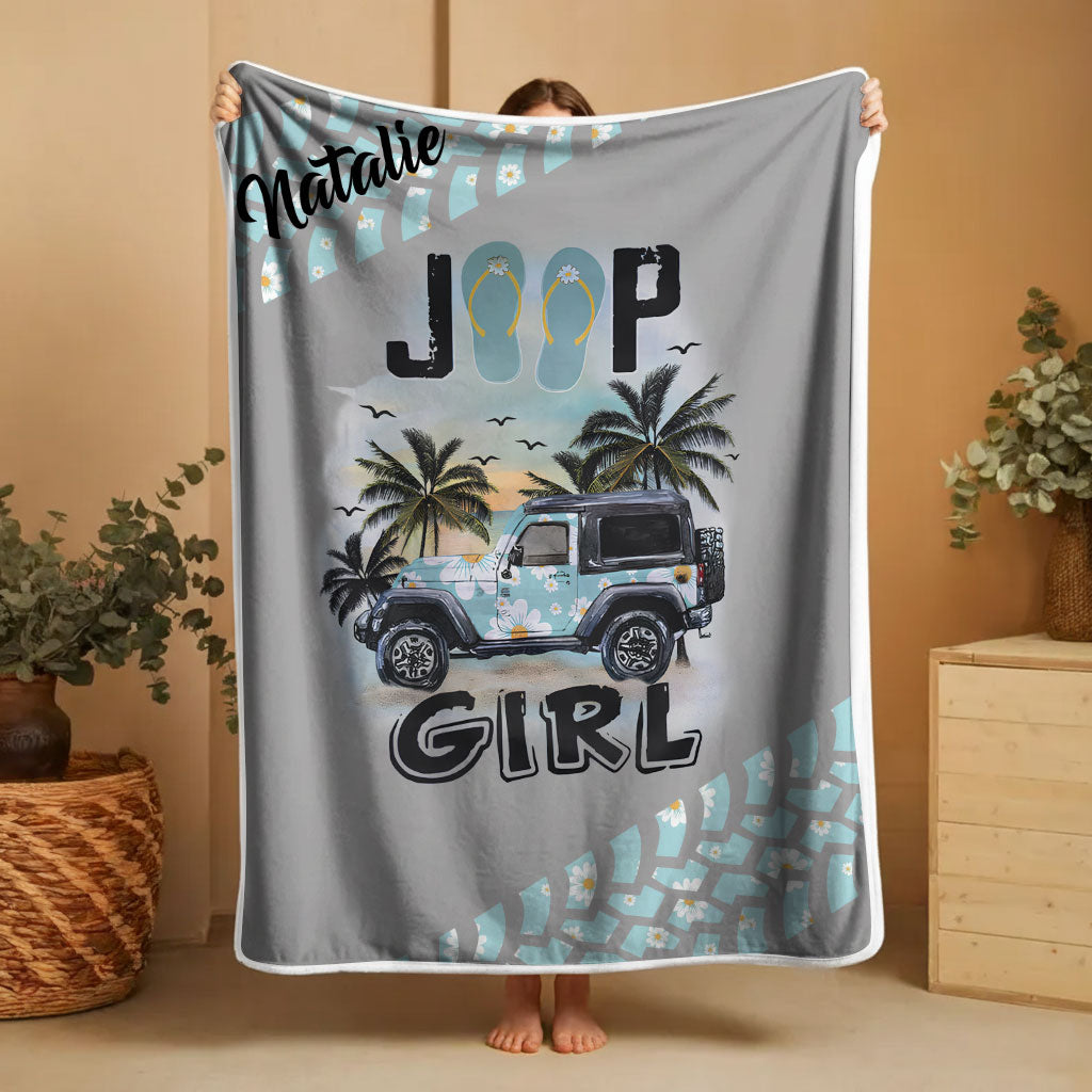 Personalized Jeep Beach Girl Daisy Tire Tracks Sherpa Blanket Supler Store