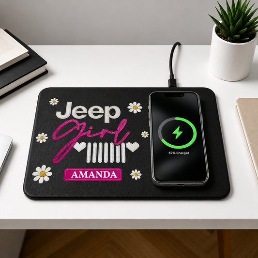 Personalized Jeep Girl Daisy Leather Wireless Charging Pad