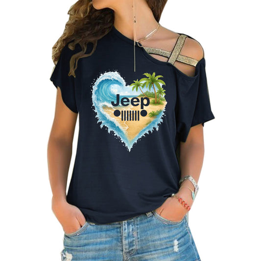 Jeep Girl Loves Beach Criss-Cross One Shoulder Shirt