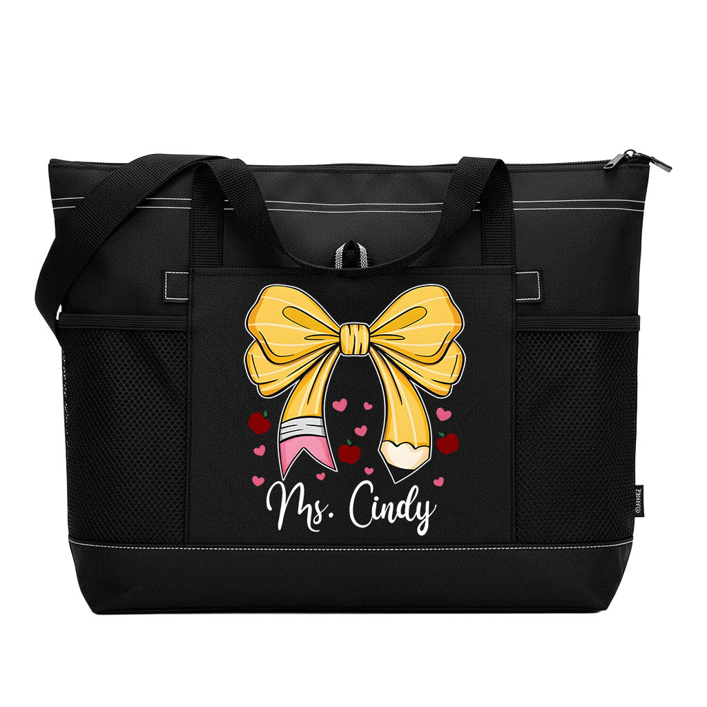Personalized Teacher Pencil Bow Zipper Tote Bag