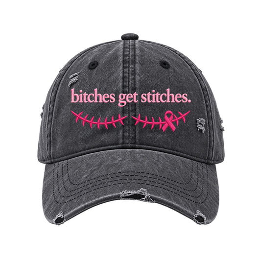 Breast Cancer Bitches Get Stitches Embroidered Washed Cotton Baseball Cap