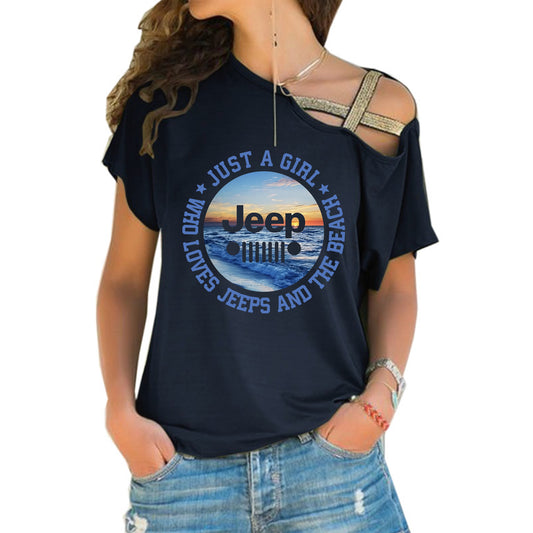 Just A Girl Who Loves Jeeps and The Beach Criss-Cross One Shoulder Shirt