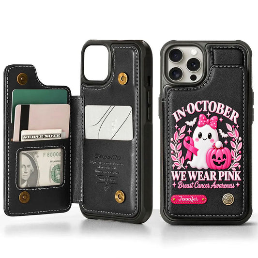 Breast Cancer Awareness Halloween Pink Ghost Personalized Leather Wallet Phone Case
