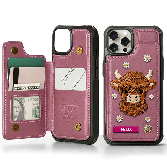 Highland Cow Daisy Personalized Leather Wallet Phone Case