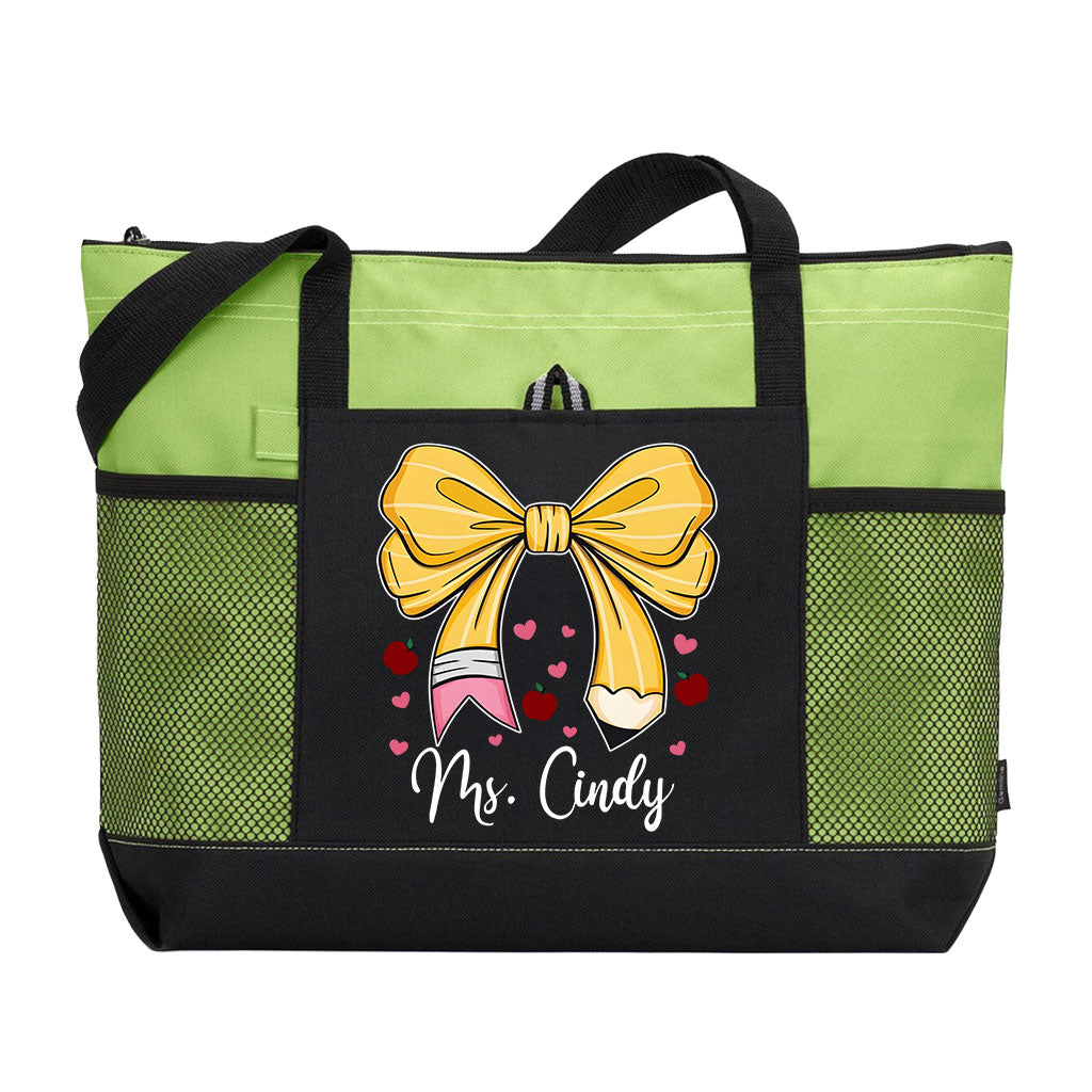 Personalized Teacher Pencil Bow Zipper Tote Bag Supler Store