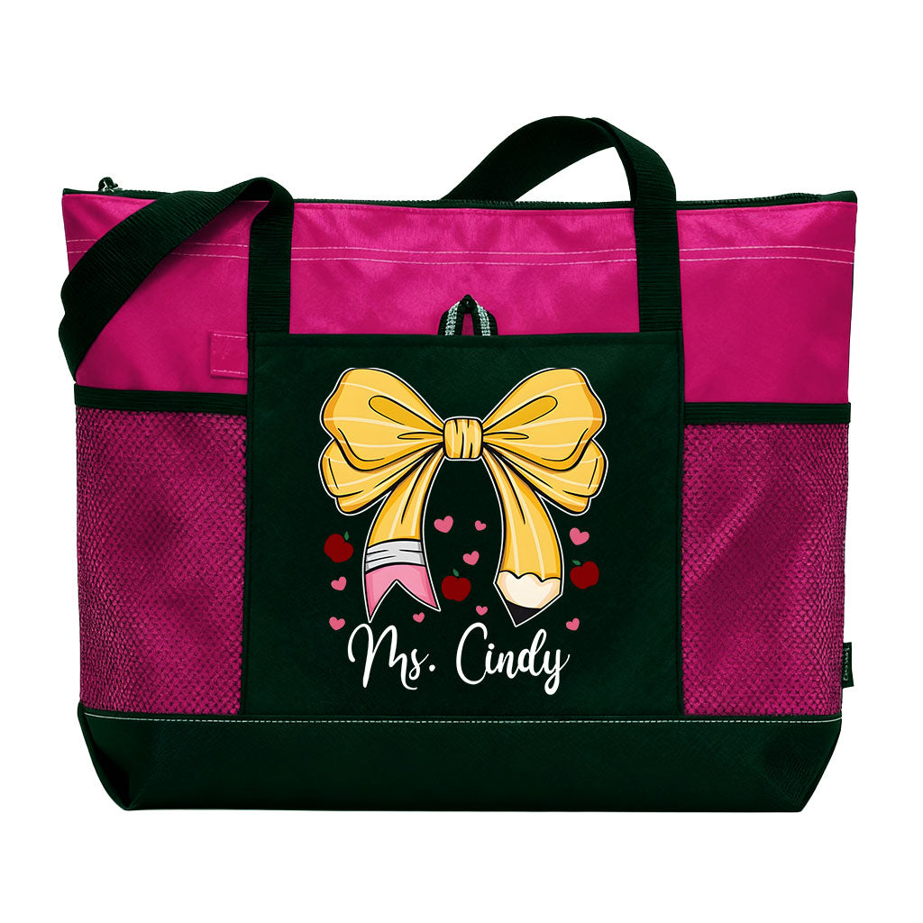 Personalized Teacher Pencil Bow Zipper Tote Bag Supler Store