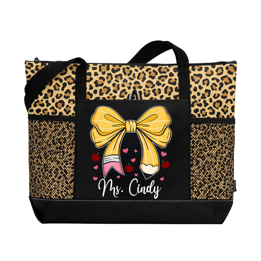 Personalized Teacher Pencil Bow Zipper Tote Bag Supler Store