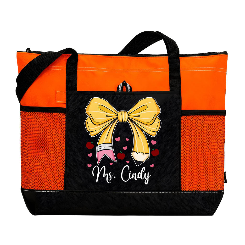 Personalized Teacher Pencil Bow Zipper Tote Bag Supler Store