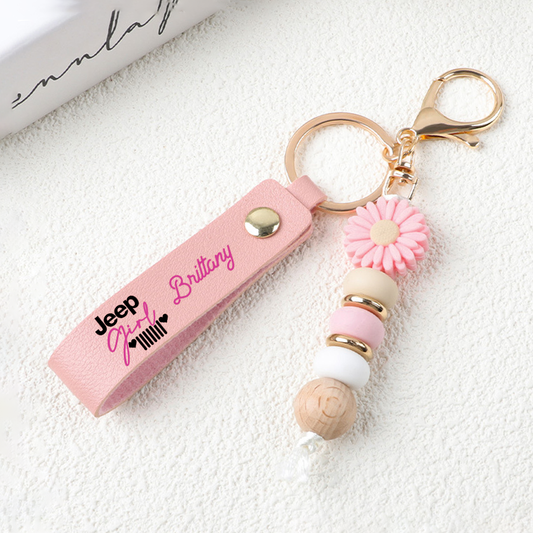 Jeep Girl Heart Grille Daisy Beaded Keychain - Personalized Gifts Leather Keyring