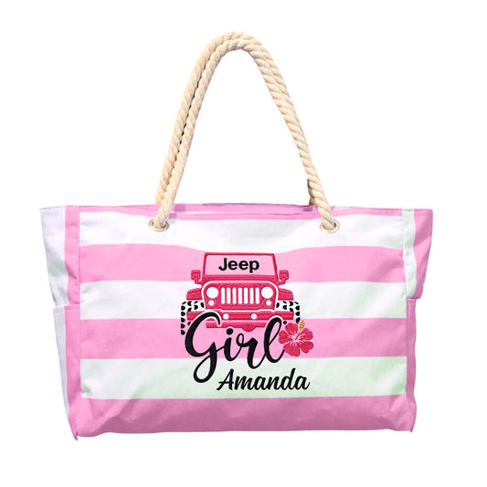 Jeep Girl Flower Embroidered Striped Beach Bag