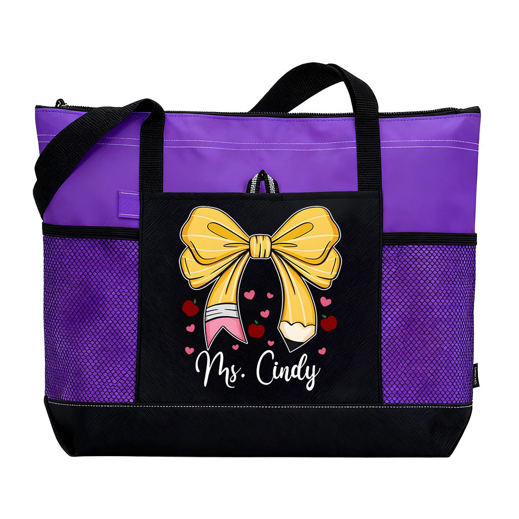 Personalized Teacher Pencil Bow Zipper Tote Bag Supler Store
