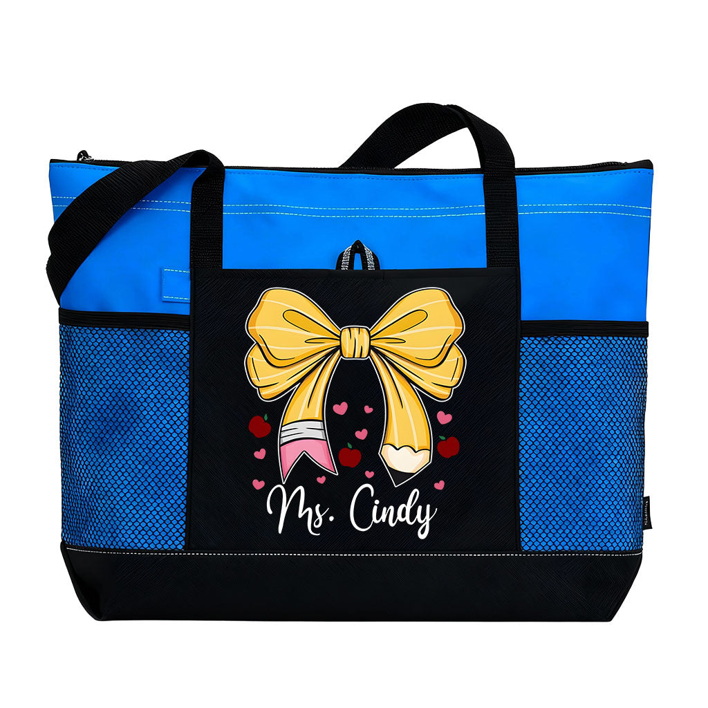 Personalized Teacher Pencil Bow Zipper Tote Bag Supler Store