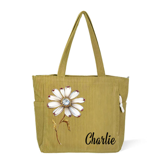 Personalized Name Birth Flower Corduroy Tote Bag Birthday Gift for Her