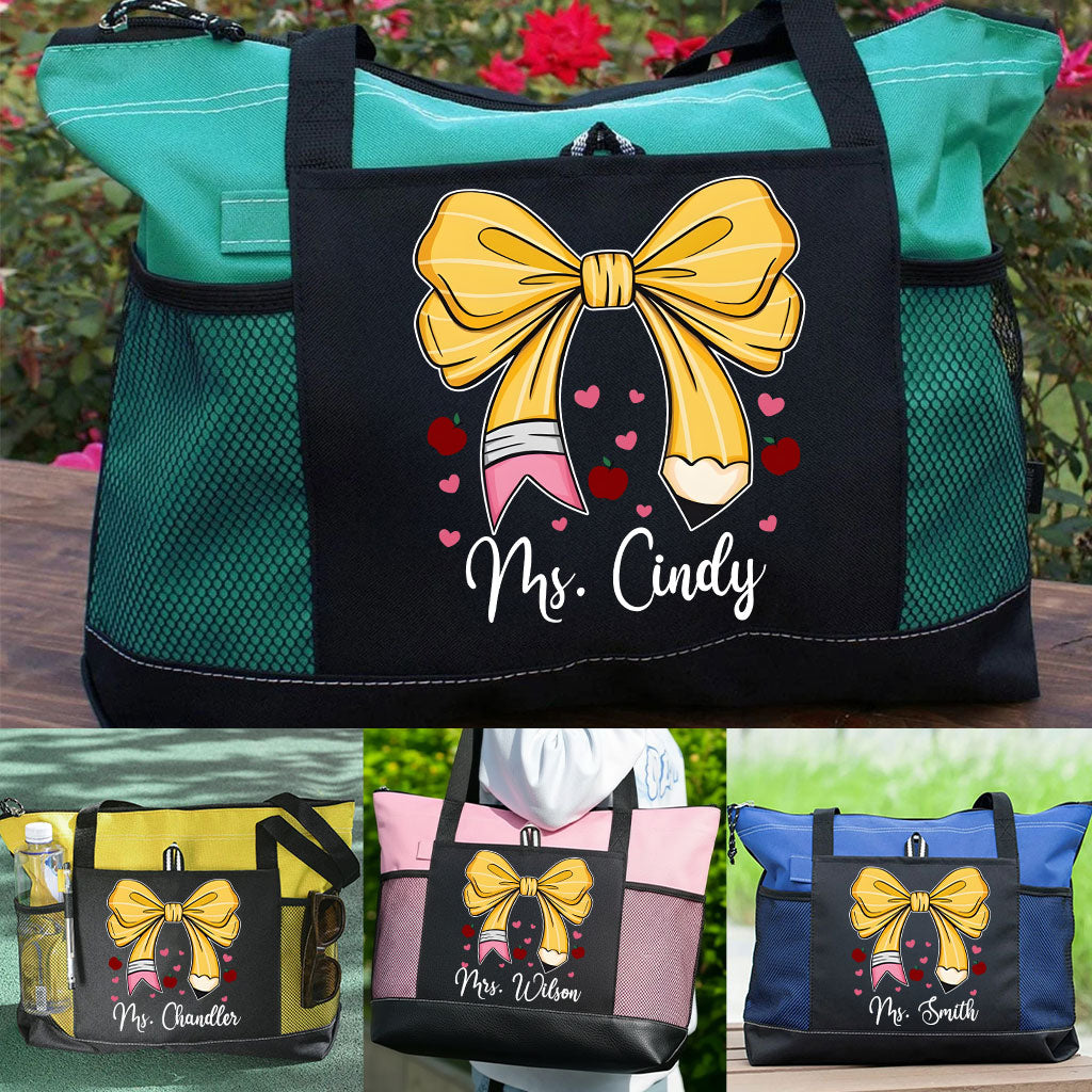 Personalized Teacher Pencil Bow Zipper Tote Bag