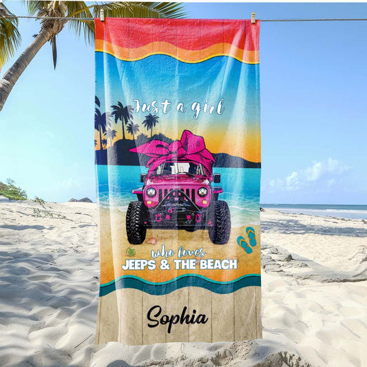 Just A Girl Who Loves Jeeps and The Beach Personalized Beach Towel