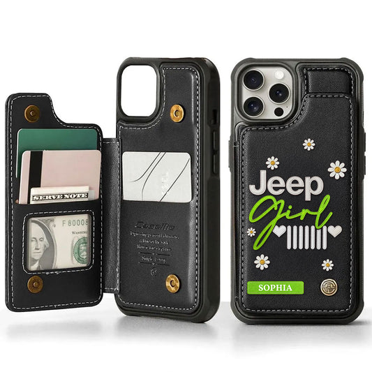 Jeep Girl Daisy Personalized Leather Wallet Phone Case Black Version