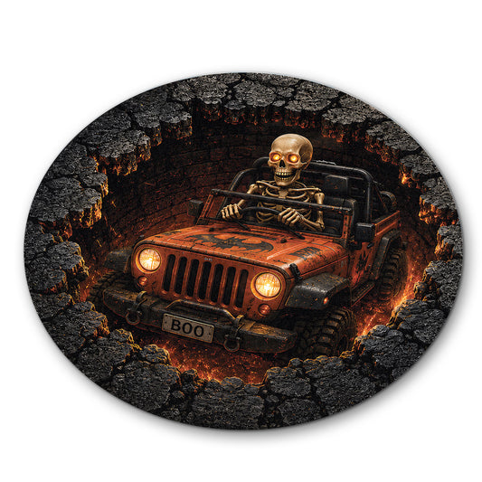 Jeep Skeleton 3D Illusion Stone Well Round Rug