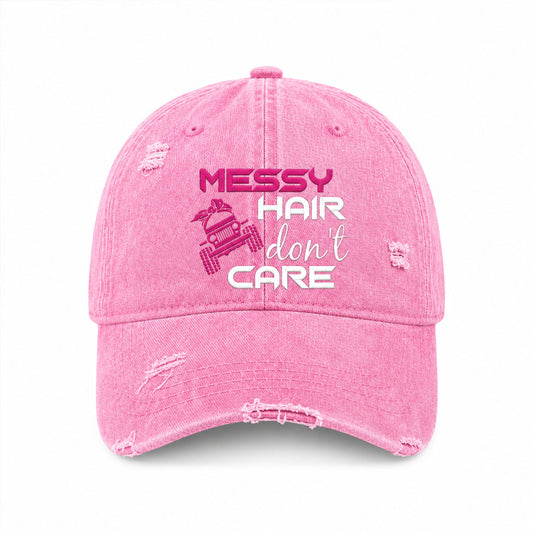Jeep Messy Hair Don't Care Distressed Embroidered Baseball Cap