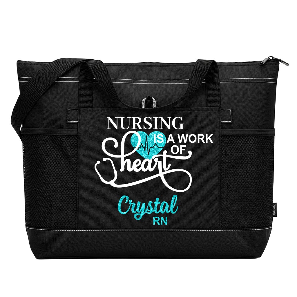 Personalized Nursing Is A Work of Heart Tote Bag Nurse Zippered Tote Bag Supler Store