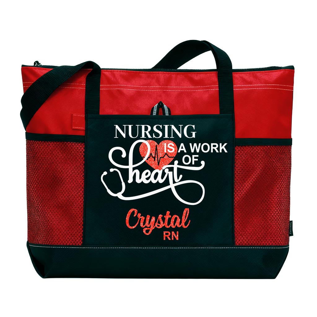Personalized Nursing Is A Work of Heart Tote Bag Nurse Zippered Tote Bag Supler Store