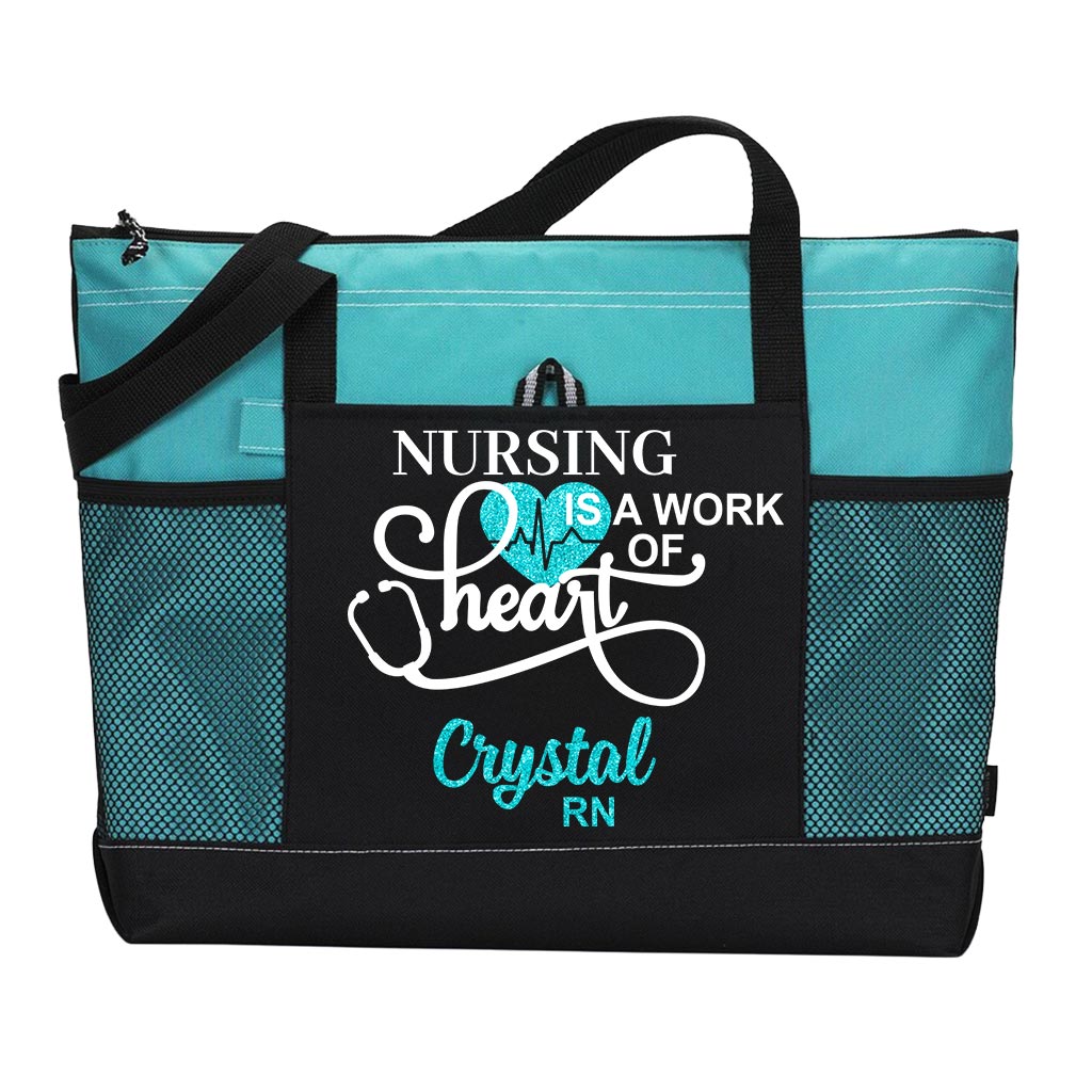 Personalized Nursing Is A Work of Heart Tote Bag Nurse Zippered Tote Bag Supler Store