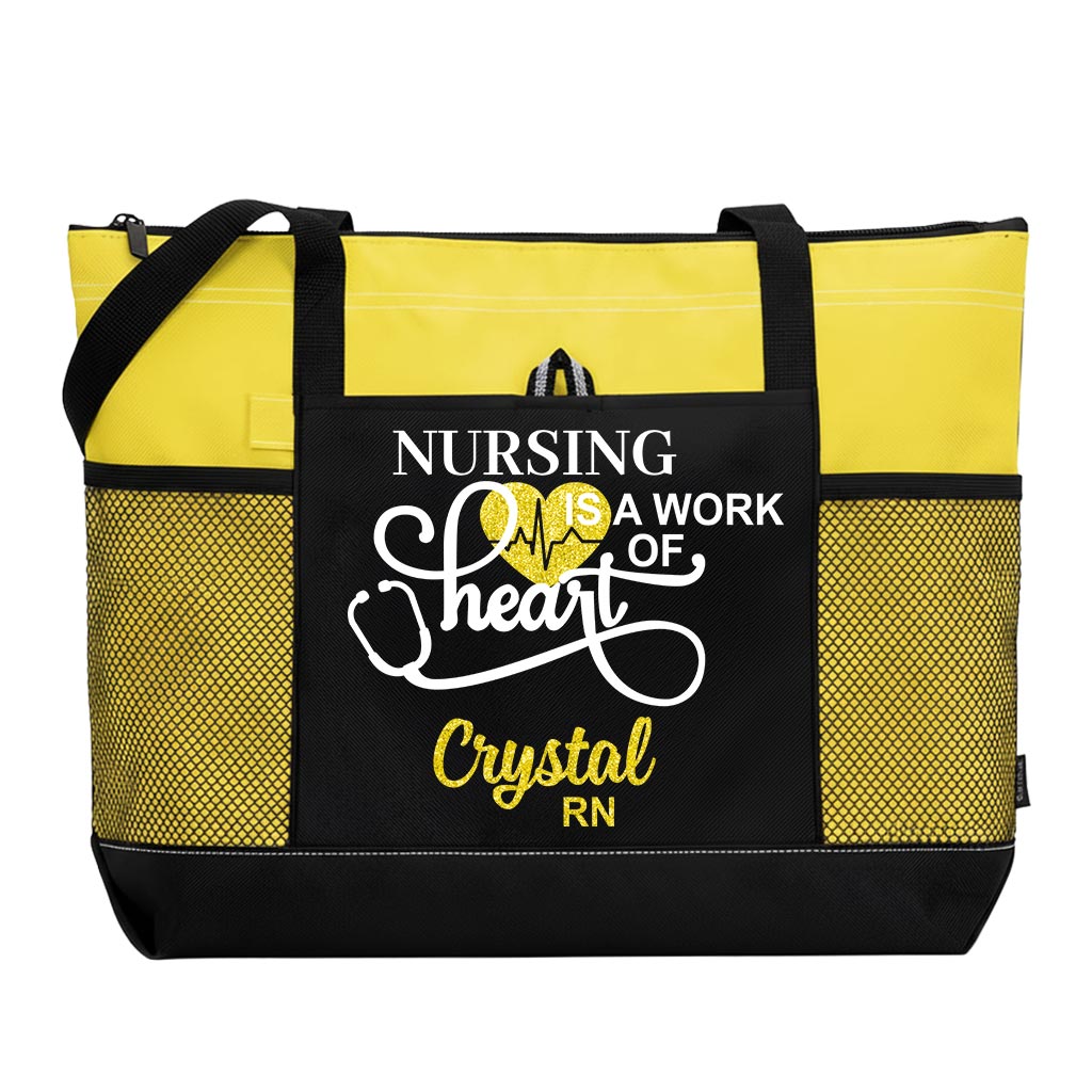 Personalized Nursing Is A Work of Heart Tote Bag Nurse Zippered Tote Bag Supler Store