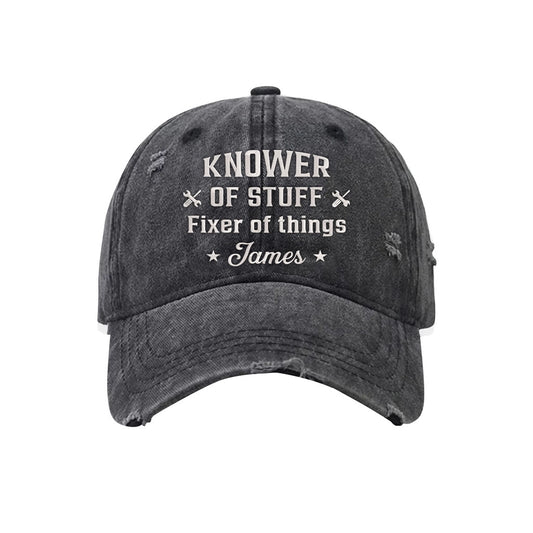 Fixer And Knower Distressed Embroidered Washed Cotton Baseball Cap