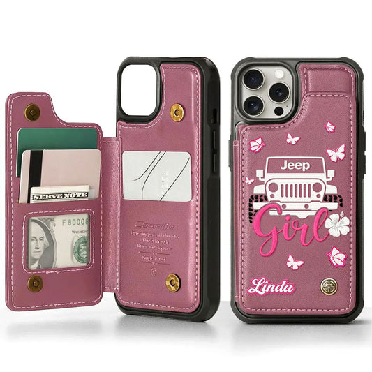 Personalized Jeep Girl Phone Case - Flower Butterfly Leather Wallet Phone Case