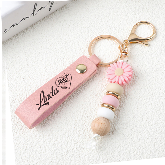Jeep Girl Daisy Beaded Keychain - Personalized Gifts Leather Keyring