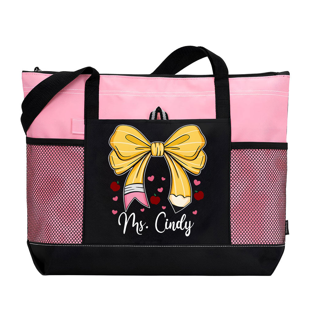 Personalized Teacher Pencil Bow Zipper Tote Bag Supler Store