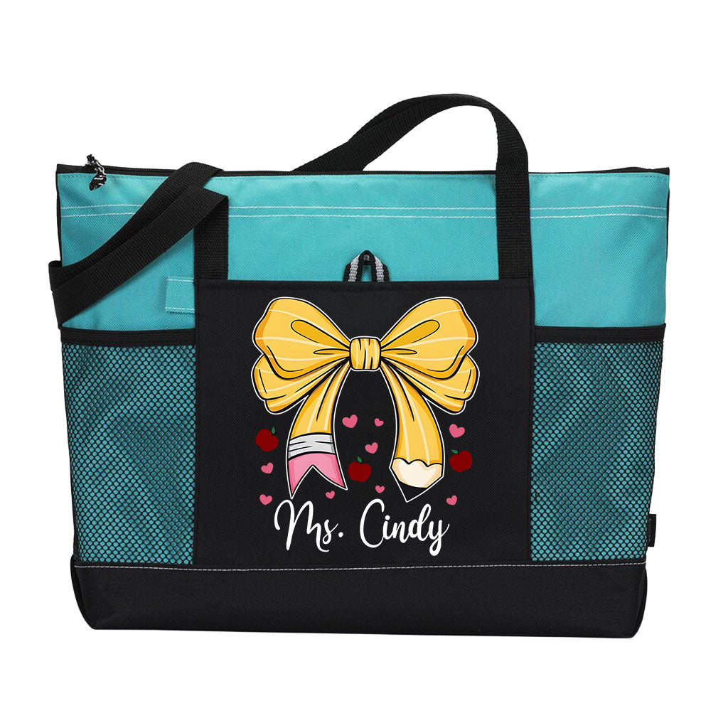 Personalized Teacher Pencil Bow Zipper Tote Bag Supler Store