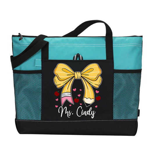 Personalized Teacher Pencil Bow Zipper Tote Bag Supler Store