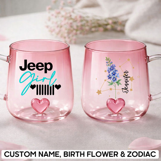Jeep Girl Grille Heart Gradient Glass Mug - Personalized Birth Flower & Zodiac Coffee & Tea Cup