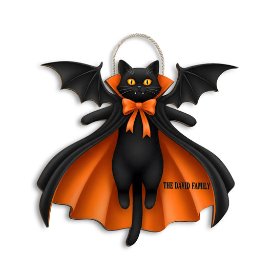 Halloween Black Cat Vampire Bat - Personalized Wood Sign