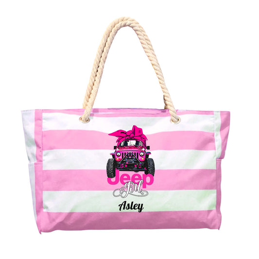 Jeep Girl Bow Personalized Striped Beach Bag