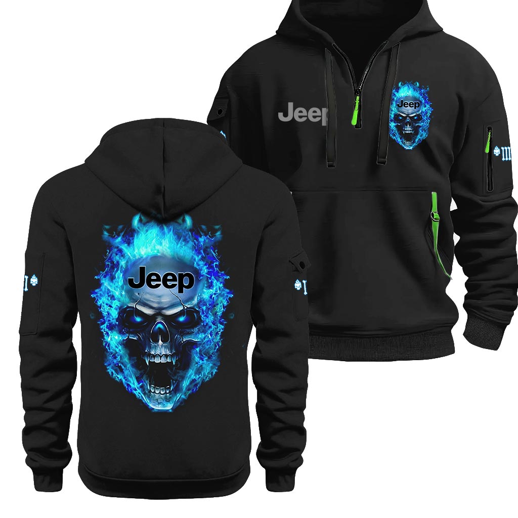 Jeep Blue Flame Skull Quarter Zip Hoodie Supler Store