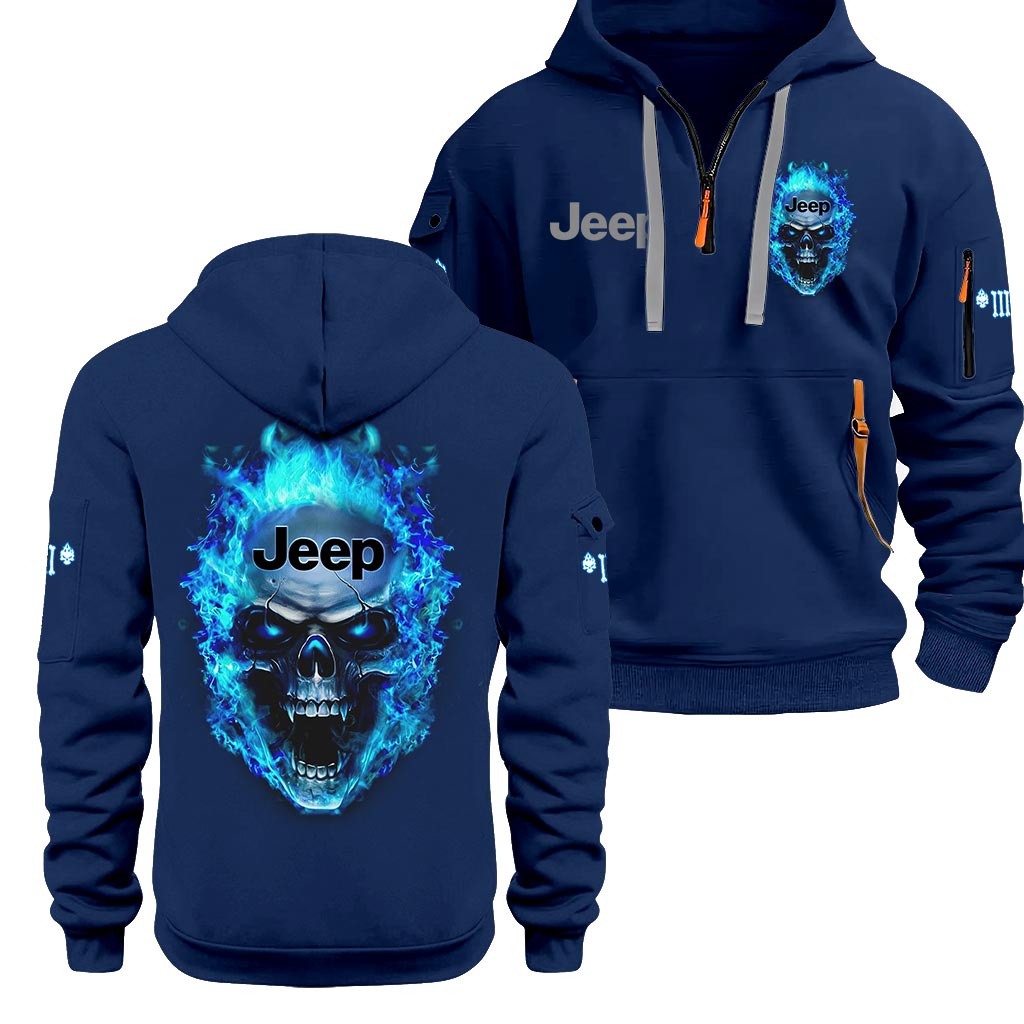 Jeep Blue Flame Skull Quarter Zip Hoodie Supler Store