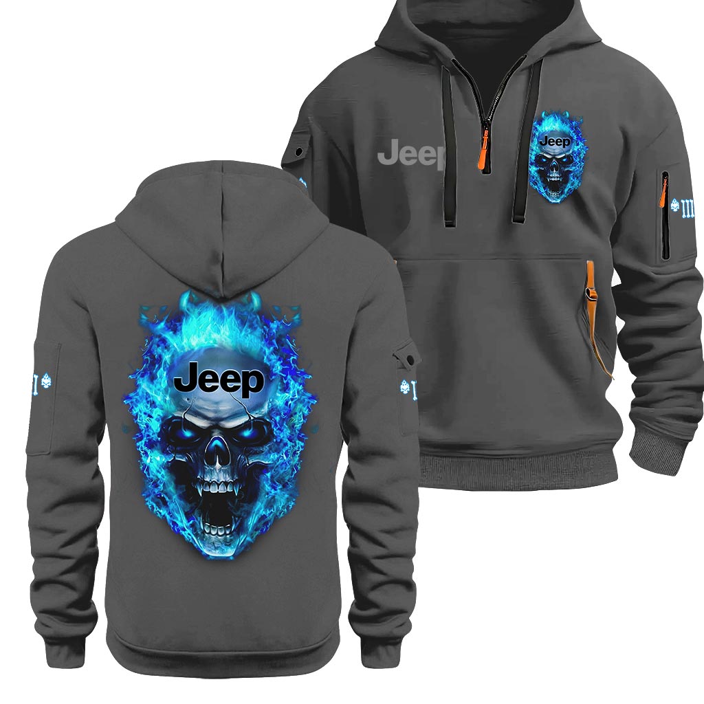 Jeep Blue Flame Skull Quarter Zip Hoodie Supler Store