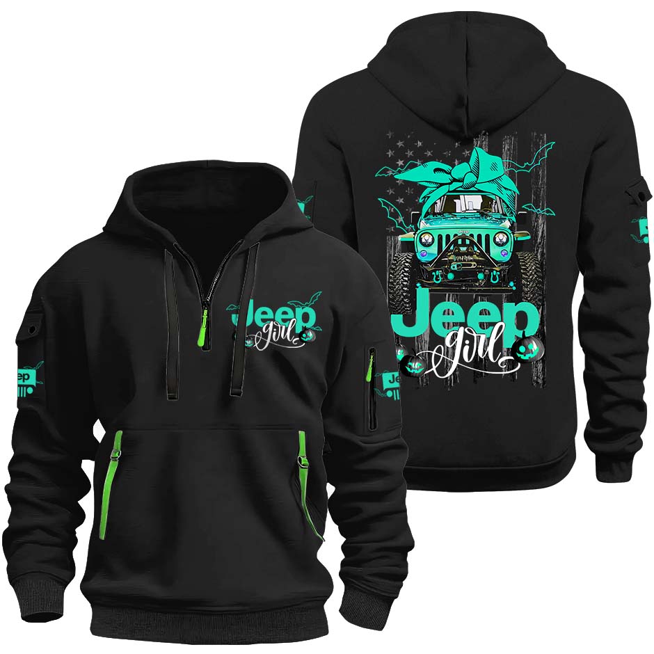 Jeep Girl Spooky Pumpkin Halloween Quarter Zip Hoodie Supler Store