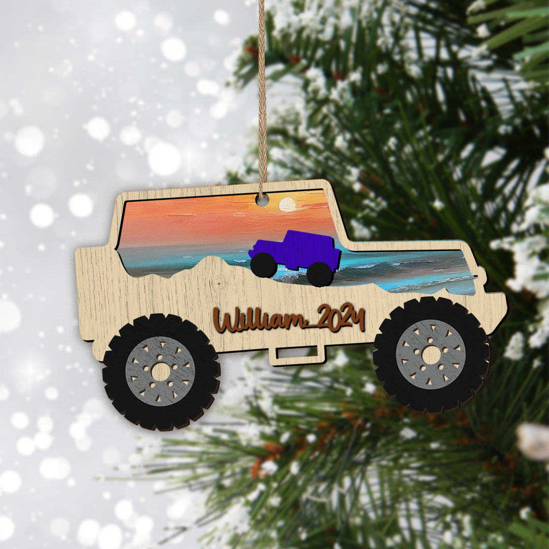 Personalized Jeep Beach Sunset Layered Wooden Ornament