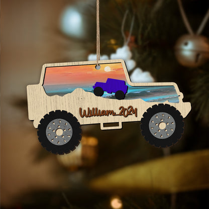 Personalized Jeep Beach Sunset Layered Wooden Ornament