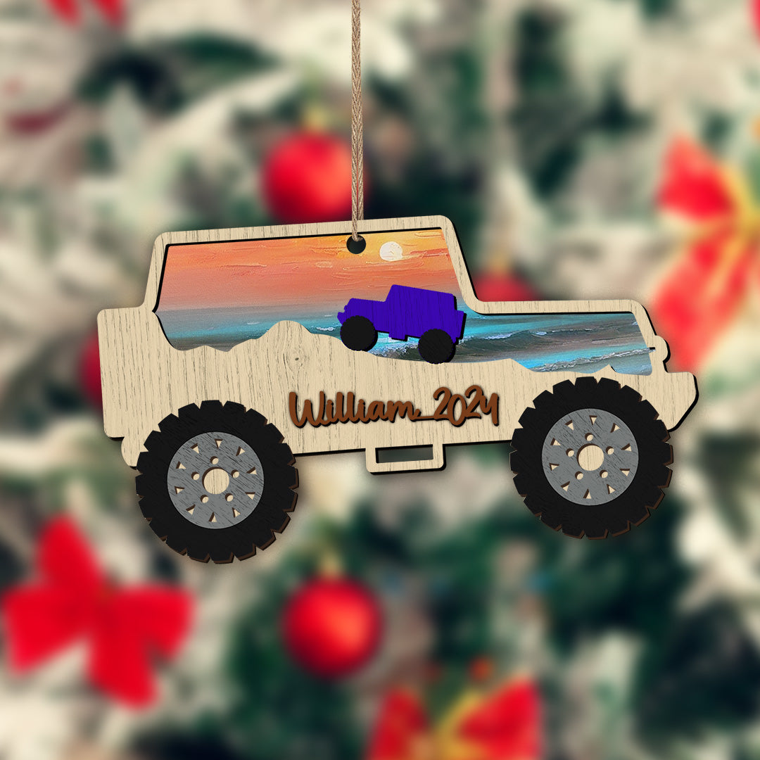 Personalized Jeep Beach Sunset Layered Wooden Ornament