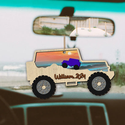 Personalized Jeep Beach Sunset Layered Wooden Ornament