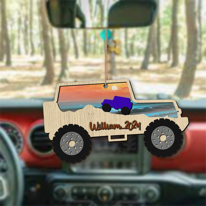 Personalized Jeep Beach Sunset Layered Wooden Ornament