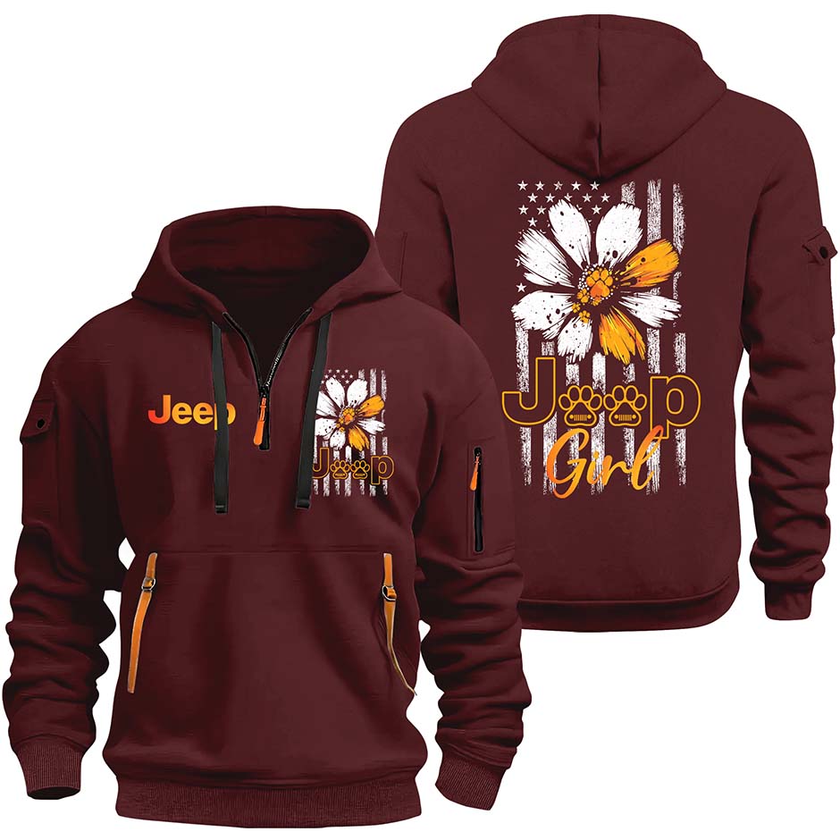 Jeep Dog Girl Sunflower Quarter Zip Hoodie Supler Store