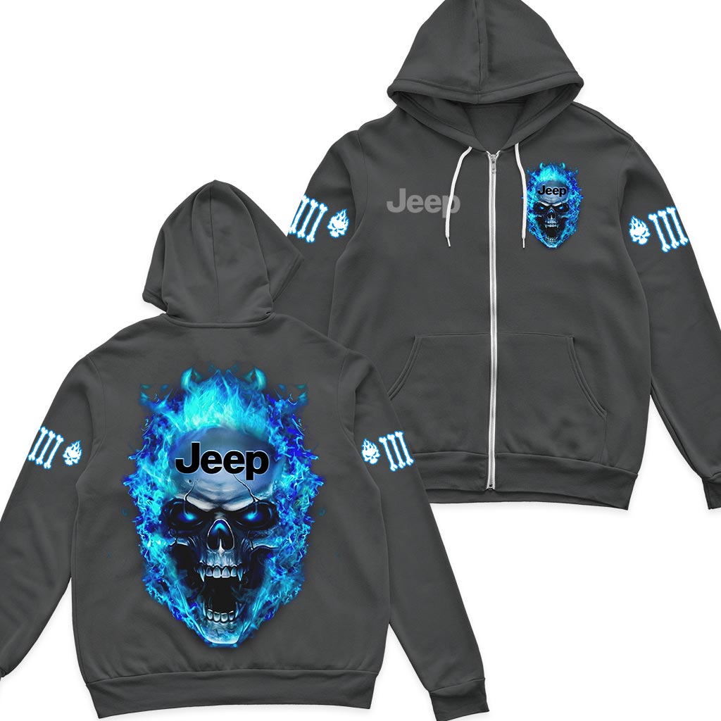Jeep Blue Flame Skull Quarter Zip Hoodie Supler Store