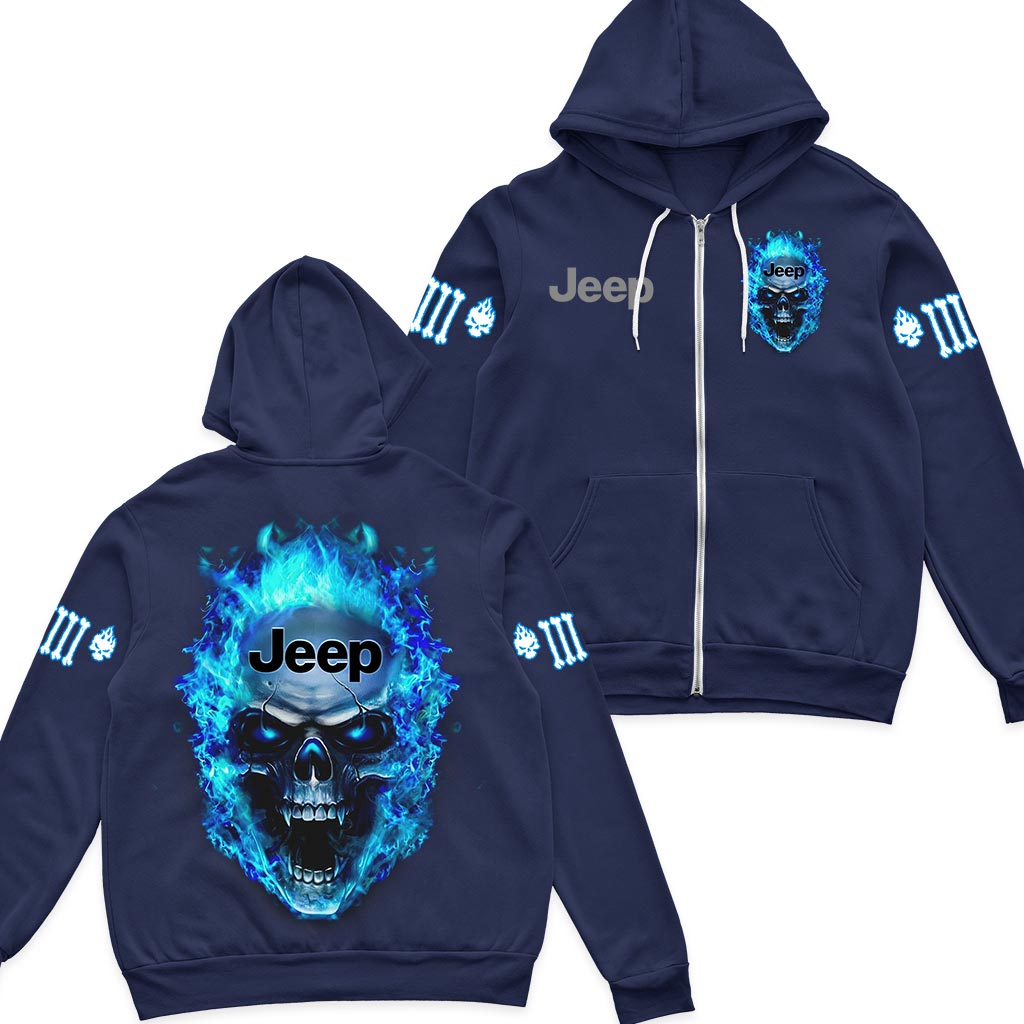 Jeep Blue Flame Skull Quarter Zip Hoodie Supler Store
