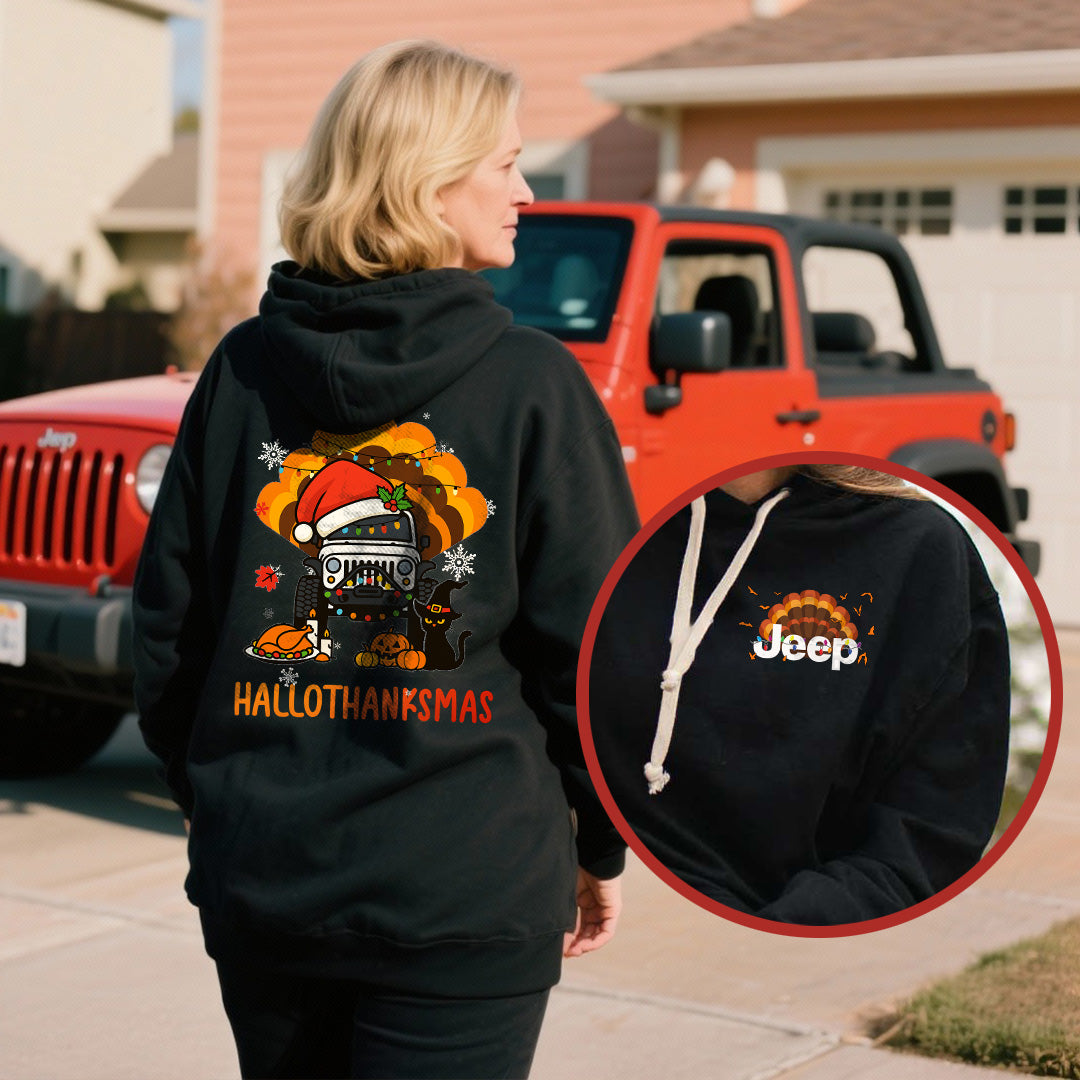 Happy Hallothanksmas Jeeps T-Shirt Hoodie Witch Turkey Deer Halloween Thanksgiving Christmas Supler Store