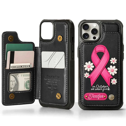Breast Cancer Pink Ribbon Daisy Personalized Leather Wallet Phone Case